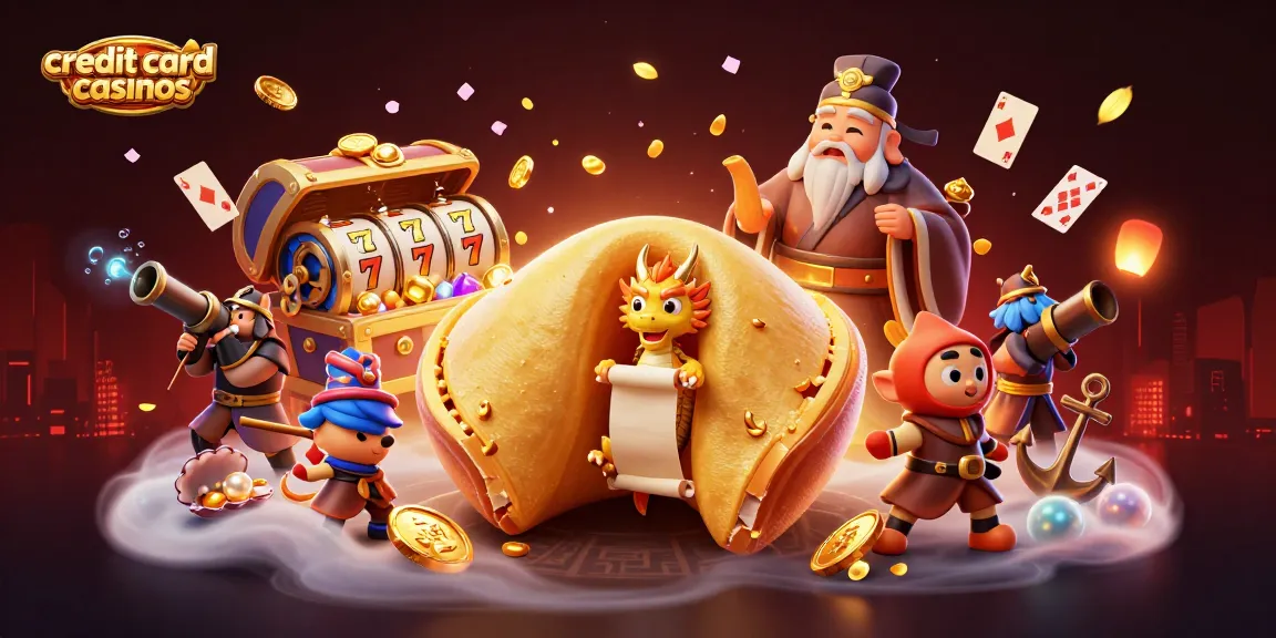 Engage with credit card casinos' vibrant gaming world, featuring a dynamic 3D scene with fortune cookie characters.