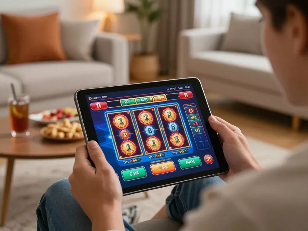 Experience cm 88 gaming on a tablet in a cozy home setting, showcasing a vibrant casino interface.