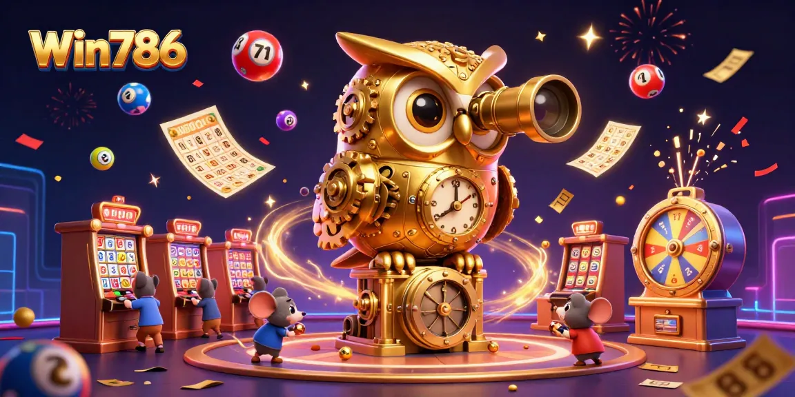 Win786 spins the excitement with a vibrant casino scene filled with colorful lottery balls and tickets.