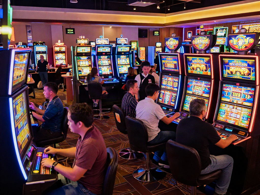 A bustling casino scene with players engaging with vibrant slot machines in a lively atmosphere.