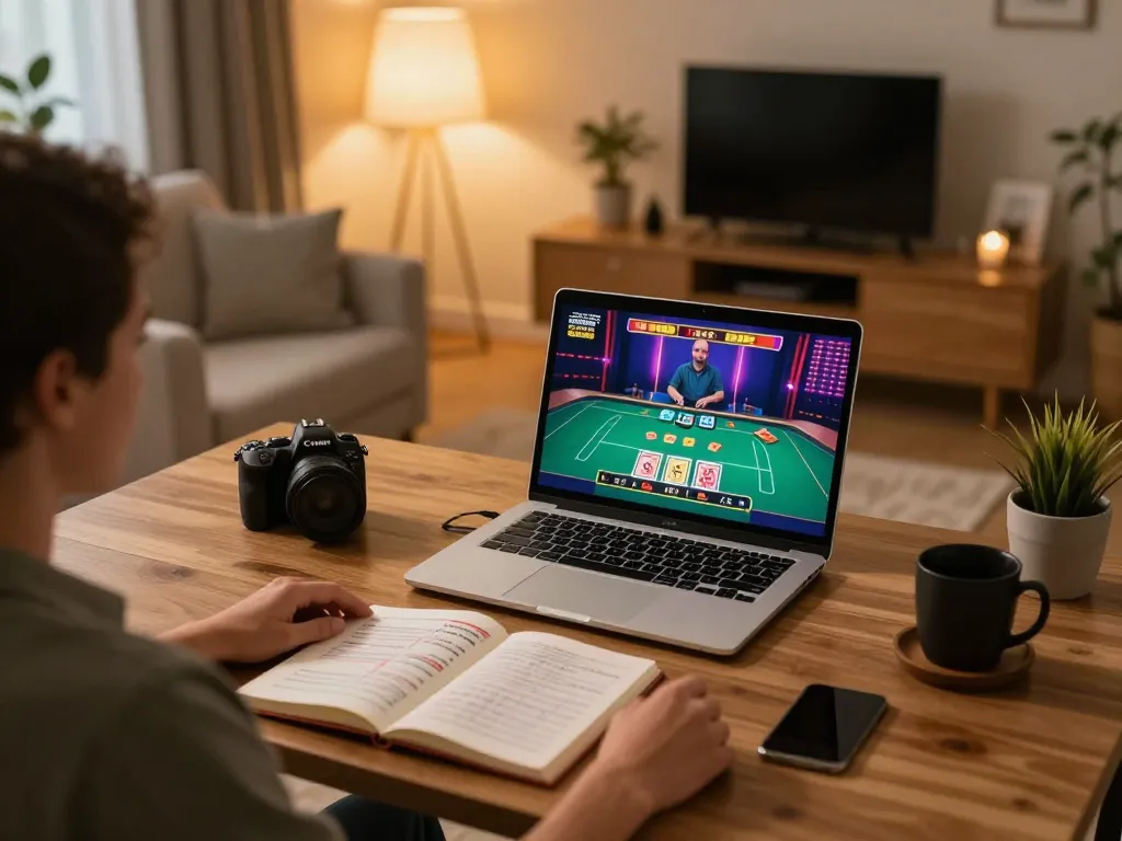 Kuwin user engaging in live dealer game on laptop amidst cozy home setup, showcasing responsible online gaming.