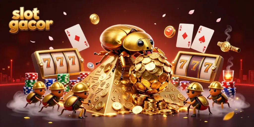 Permainan slot gacor menampilkan simbol jackpot dan koin emas, menyajikan pengalaman kasino yang mendebarkan.