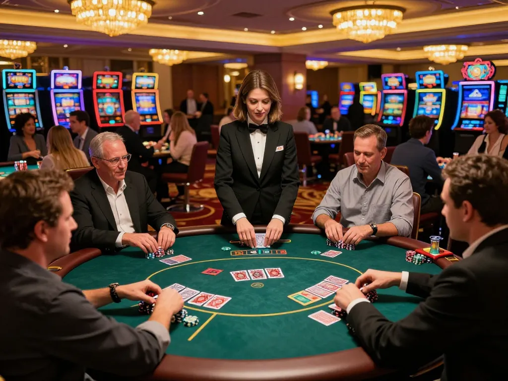 Players engaging in high-stakes poker at a fly88 casino with warm ambient lighting and luxurious decor.