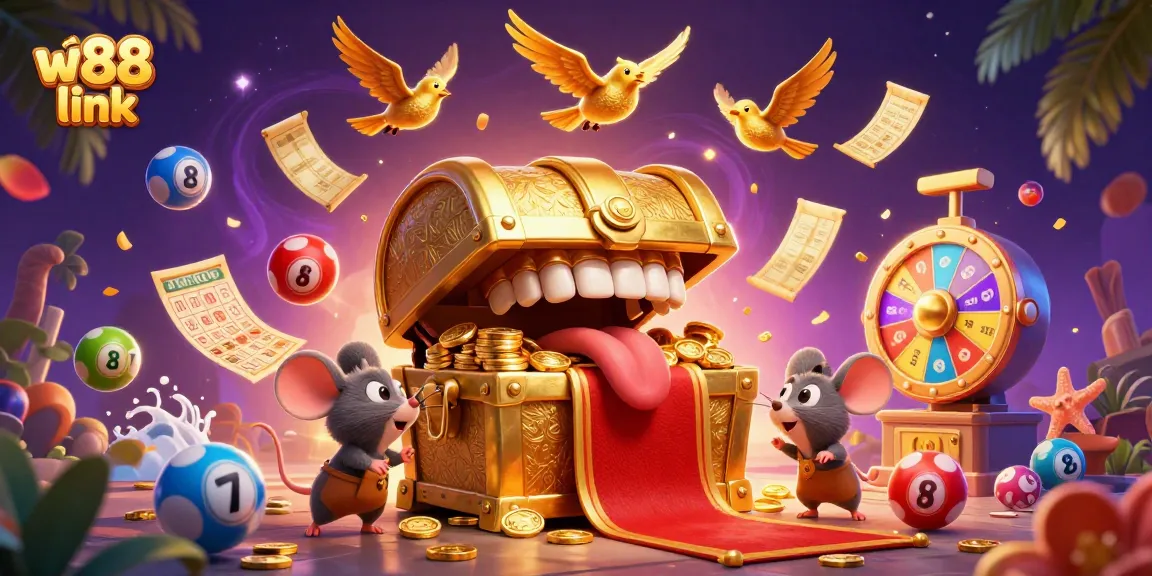 Experience the excitement of w88 link with a vibrant 3D illustration of casino elements and adventurer mice.