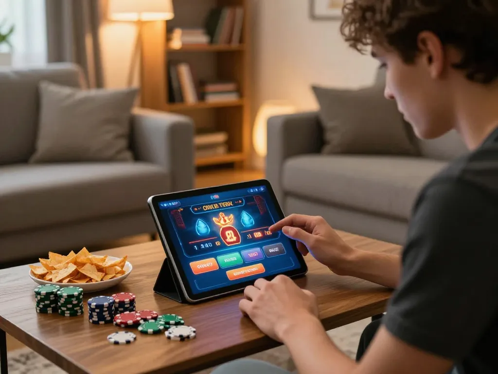 Engaged player using open88 com on tablet at home, showcasing online casino gaming atmosphere.