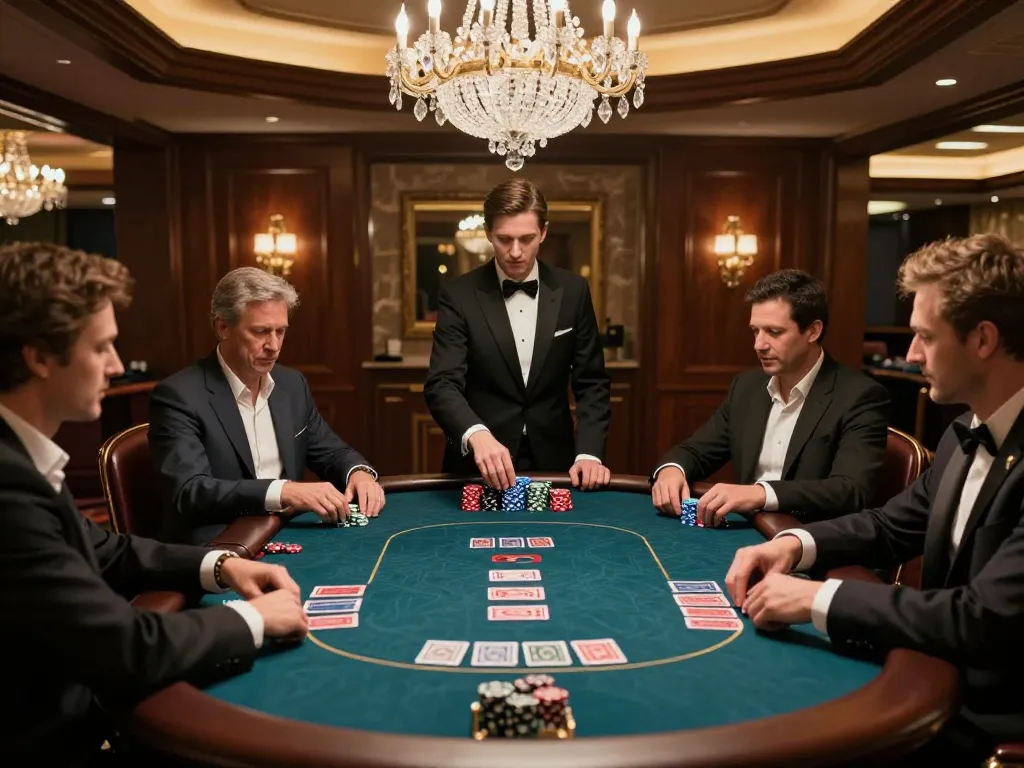 Players engaging in a strategic poker game at a TR88 VIP gaming table in a luxury casino.