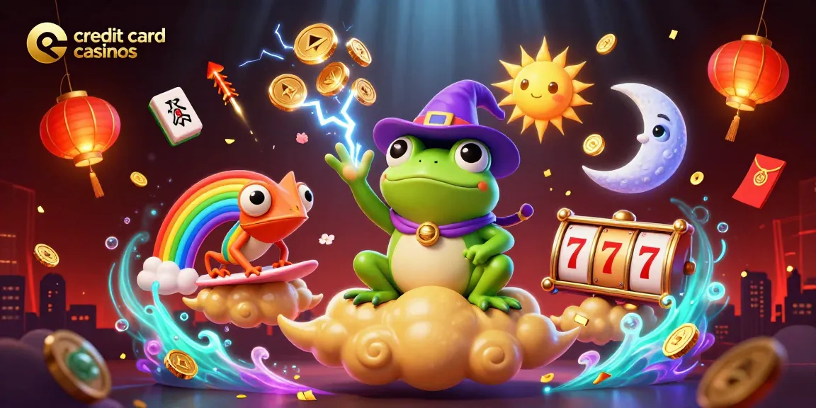 Engage with credit card casinos and watch the wizard frog unleash a golden coin storm in a captivating casino-themed scene.