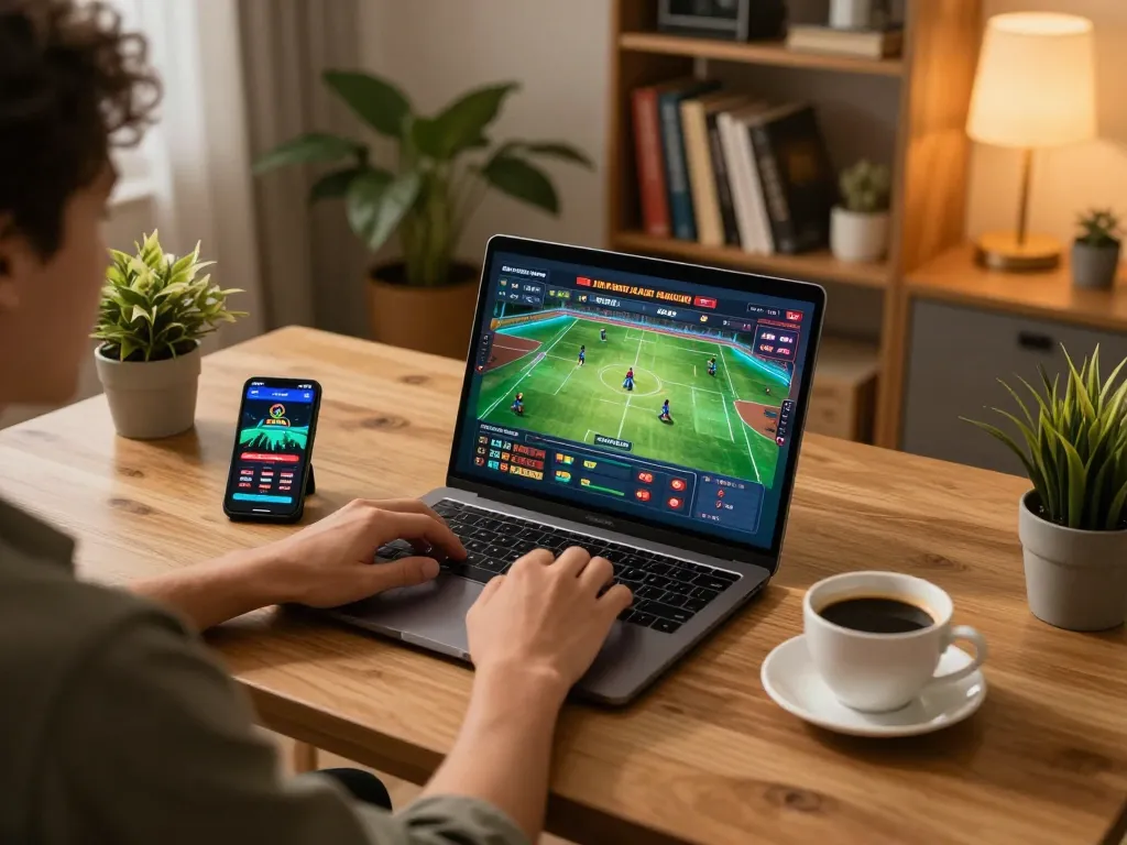 Player engaging in sports betting with nhà cái 68win on a laptop, showcasing responsible gambling.
