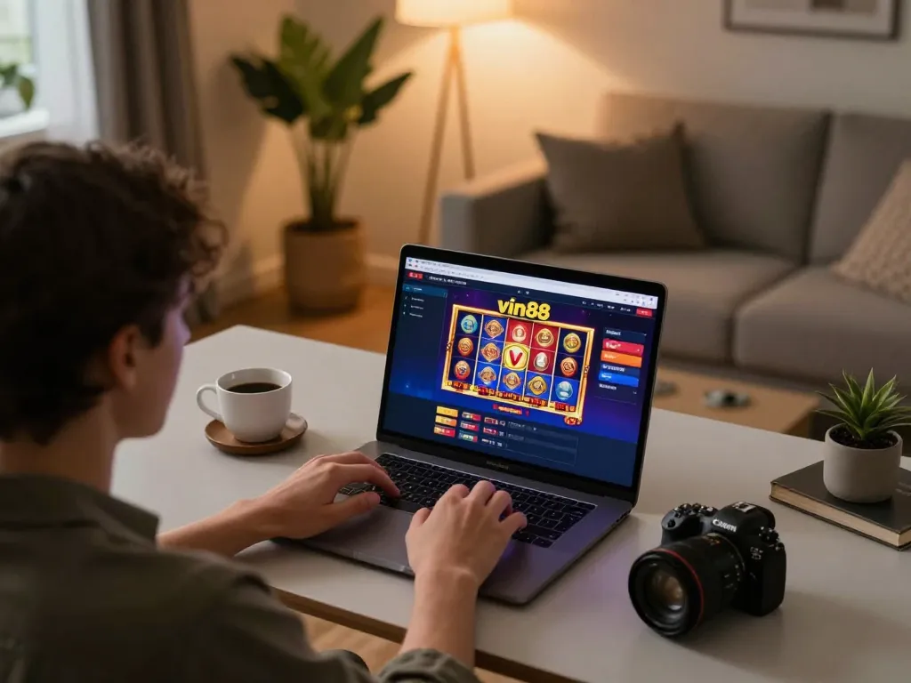 Player engaged in vin88 online casino gaming on laptop in cozy home setting