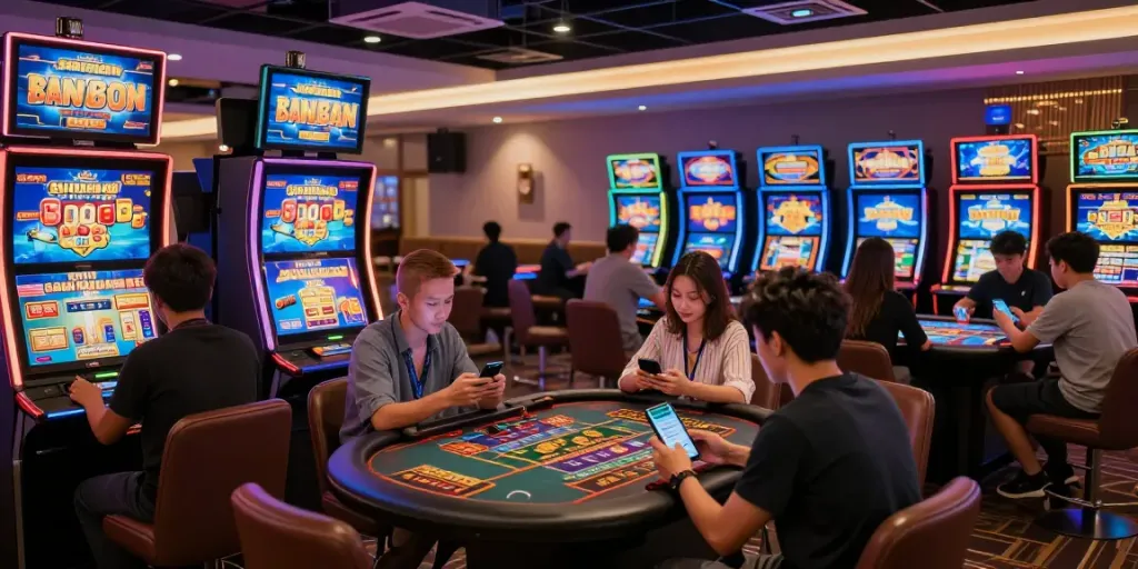 A80 gaming platform scene with players enjoying slots and live casino in a vibrant atmosphere.