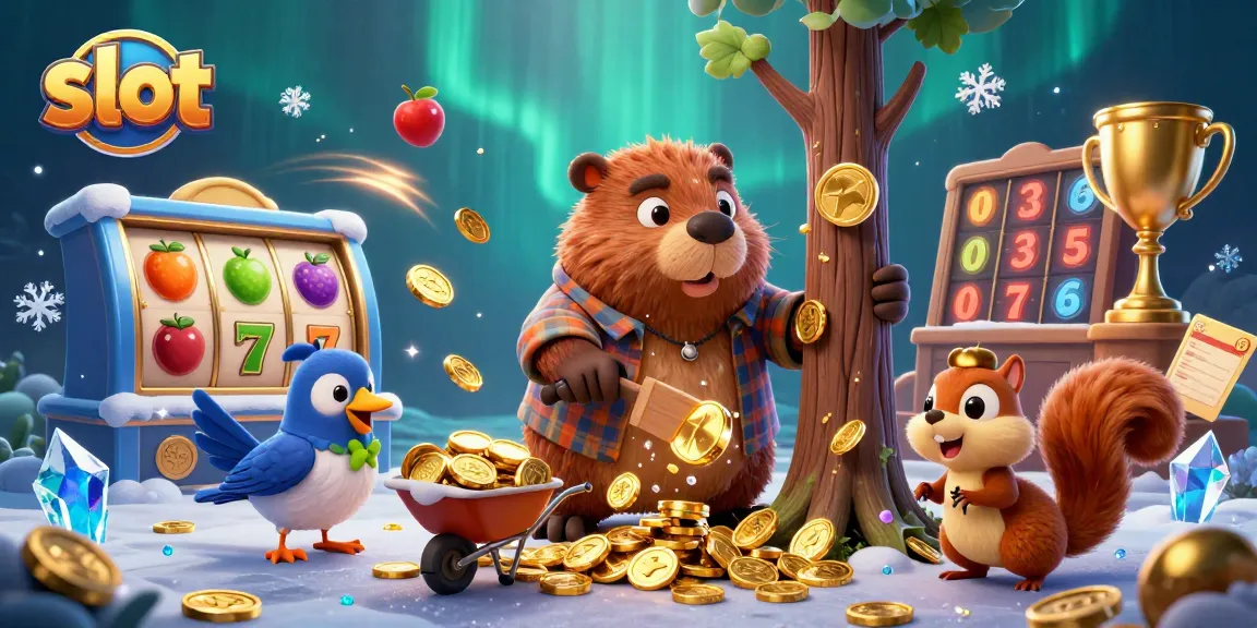 Experience exciting slot action with a cartoon beaver, bird, and squirrel in a vibrant casino scene.