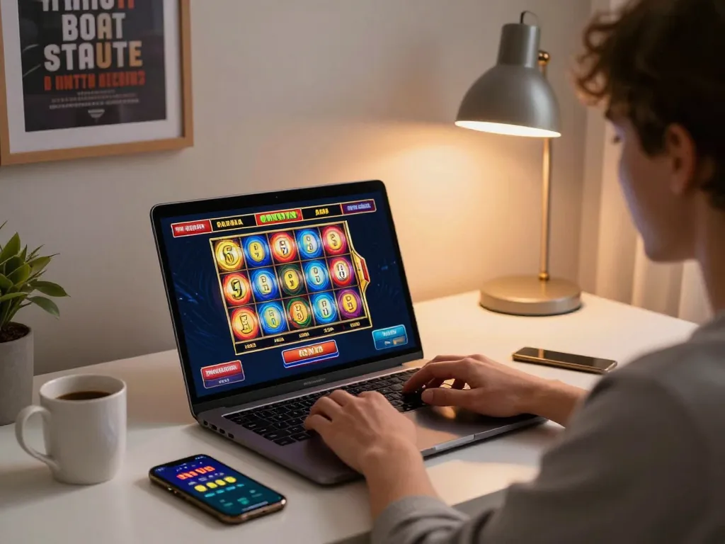 Engaging player using laptop for link gacor online casino gaming with vibrant slot machine interface.