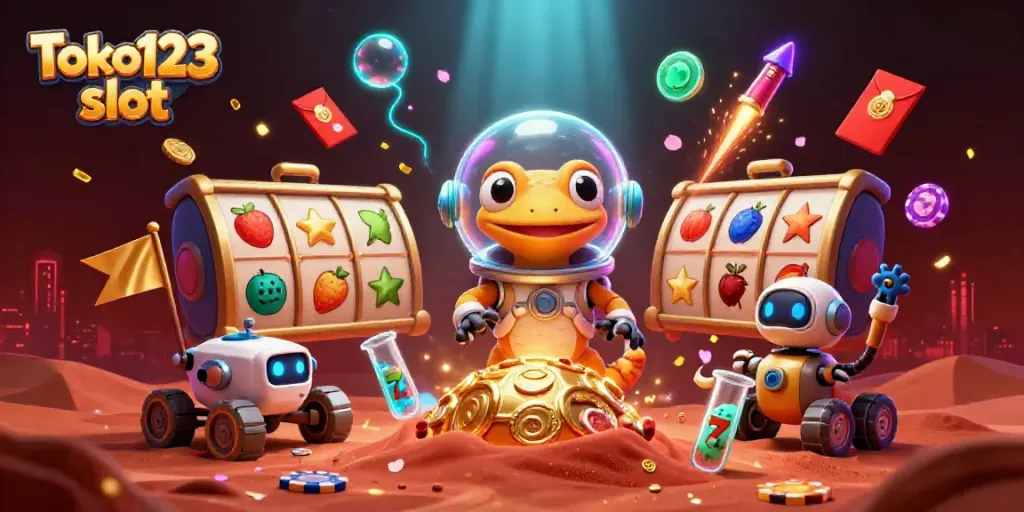 Engage with the Toko123 slot in a vibrant 3D casino scene filled with energy and excitement.