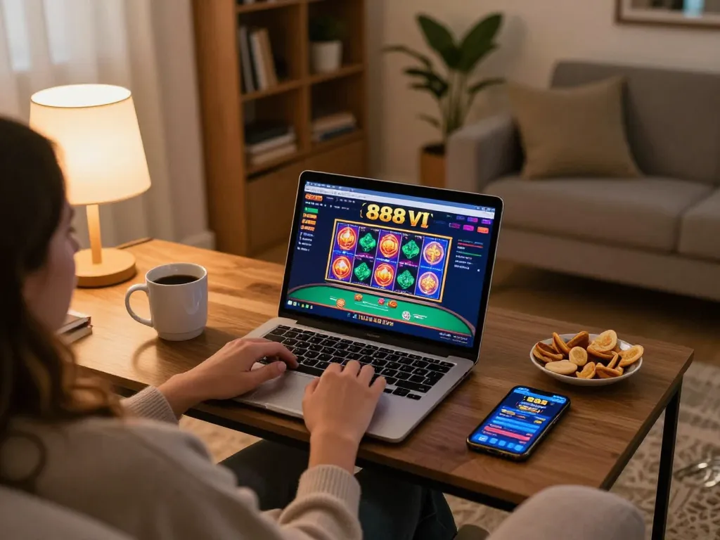Engaging in online gaming at home on 888 VI platform with vibrant casino interface.