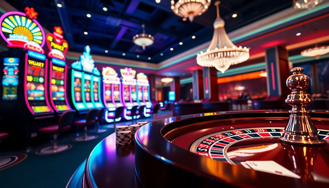 Exciting gaming scene at bl555 casino with vibrant slot machines and roulette.