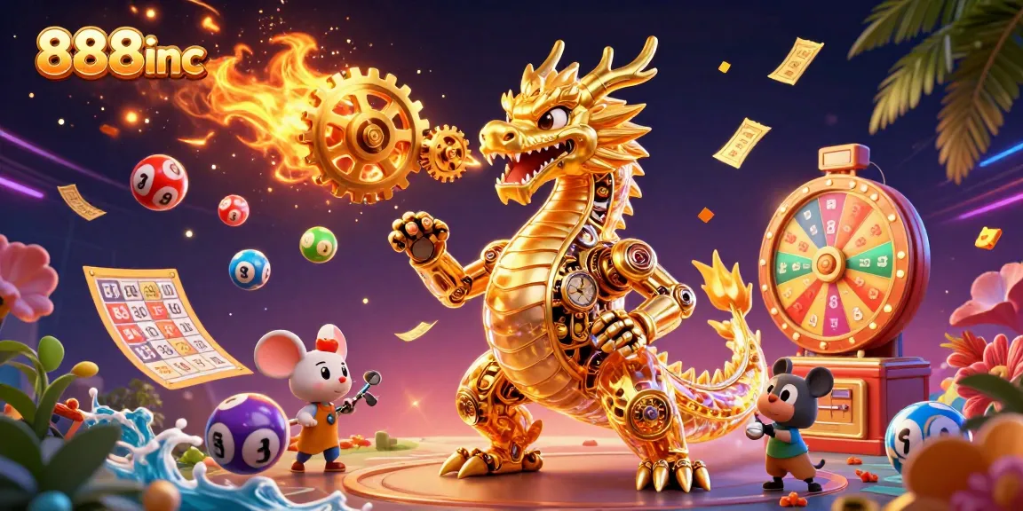 Engage with 888inc's thrilling casino experience featuring a golden dragon and lottery elements.