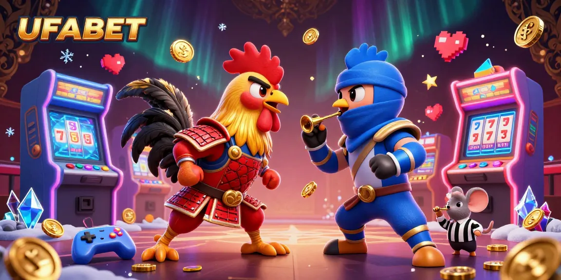 Experience the thrill of UFABET with a dynamic illustration of cartoon fighting roosters amid casino gaming elements.