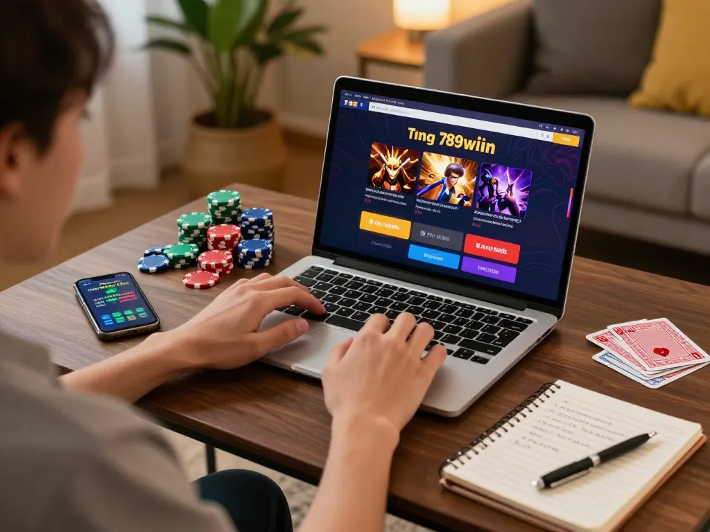 Engaging with the 789win casino app on a laptop in a cozy home setup, emphasizing strategic online gambling.