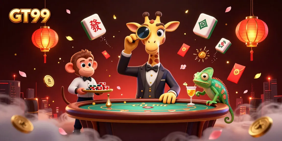 GT99 features a high-roller giraffe at a poker table, showcasing dynamic casino entertainment.
