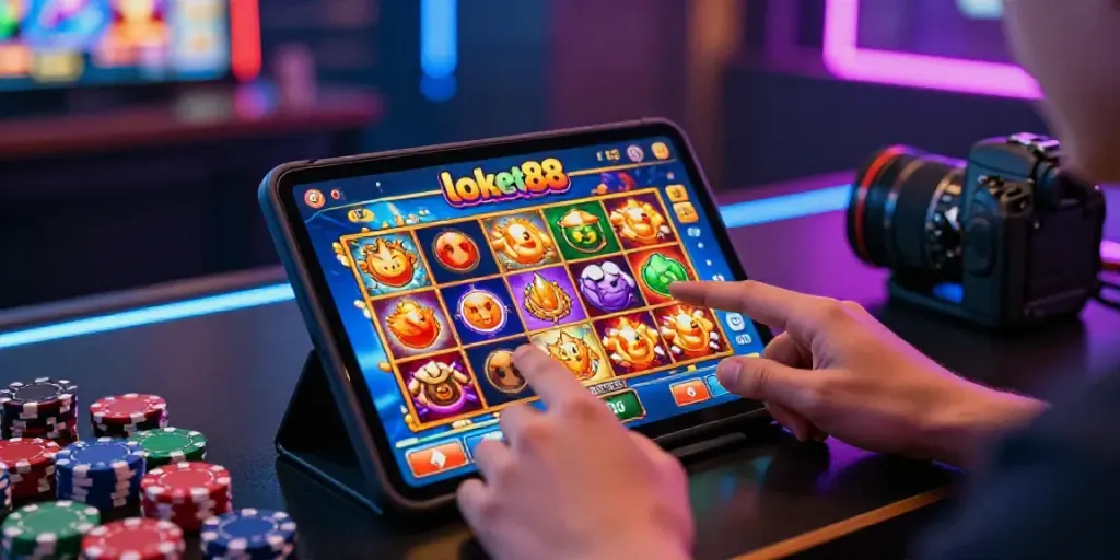 Experience of playing loket88 slot on mobile device in vibrant gaming lounge.