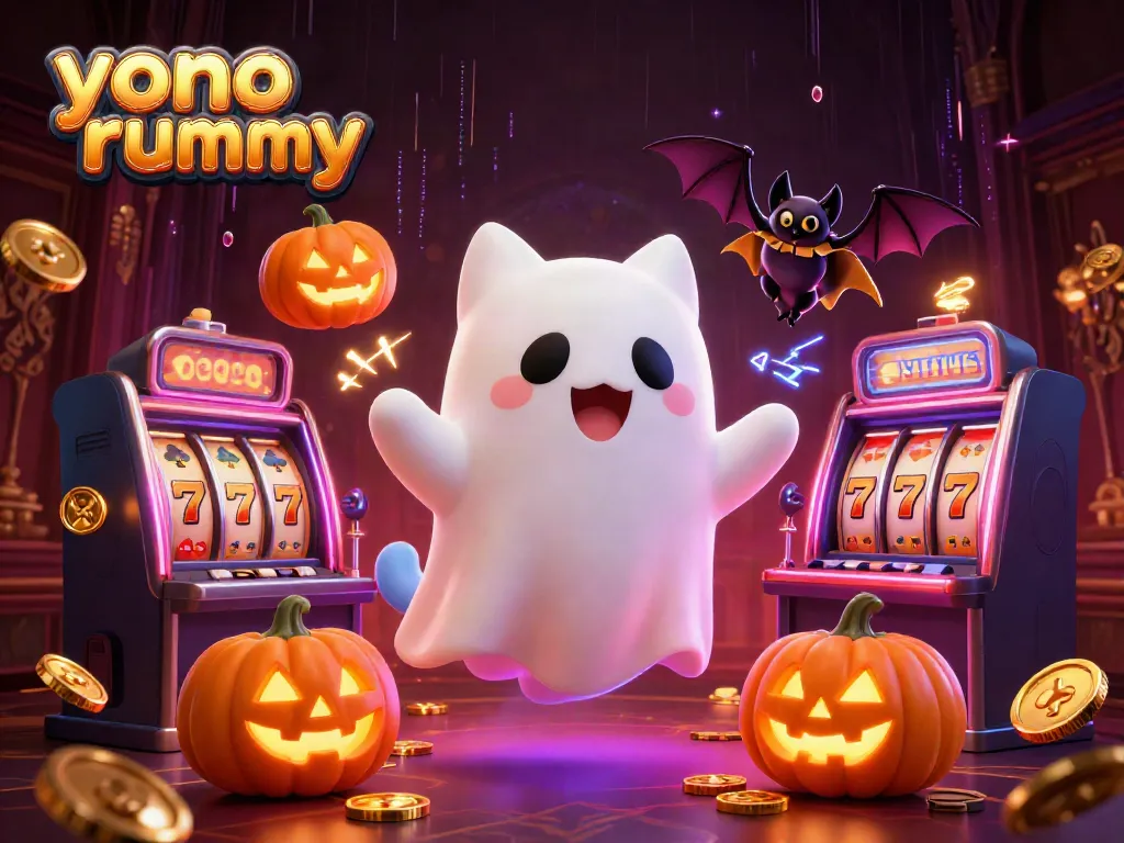 Permainan yono rummy dengan kucing hantu mengambang dan simbol slot bersinar di kasino.