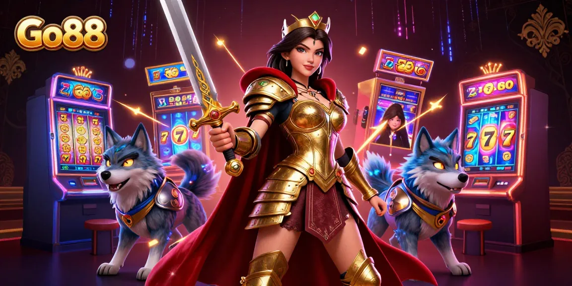 Experience thrilling gameplay with Go88 as a warrior queen battles for big wins amidst vibrant slot machines.