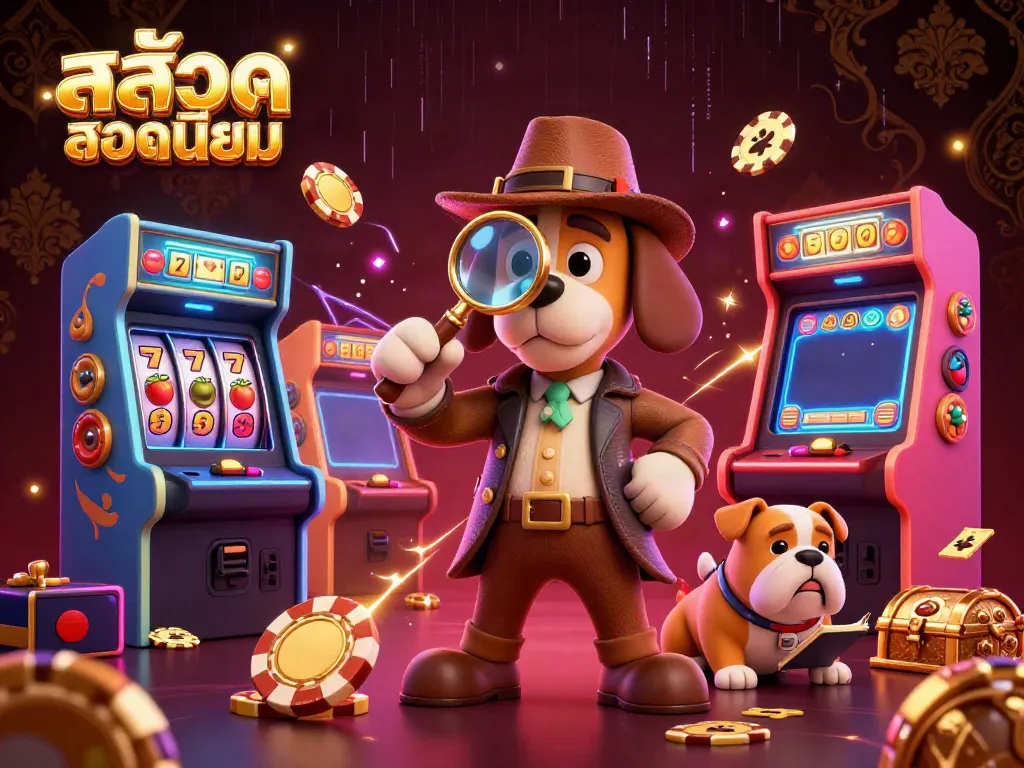 Experience exciting สล็อตยอดนิยม action with a detective dog duo uncovering casino treasures in a vibrant gaming scene.