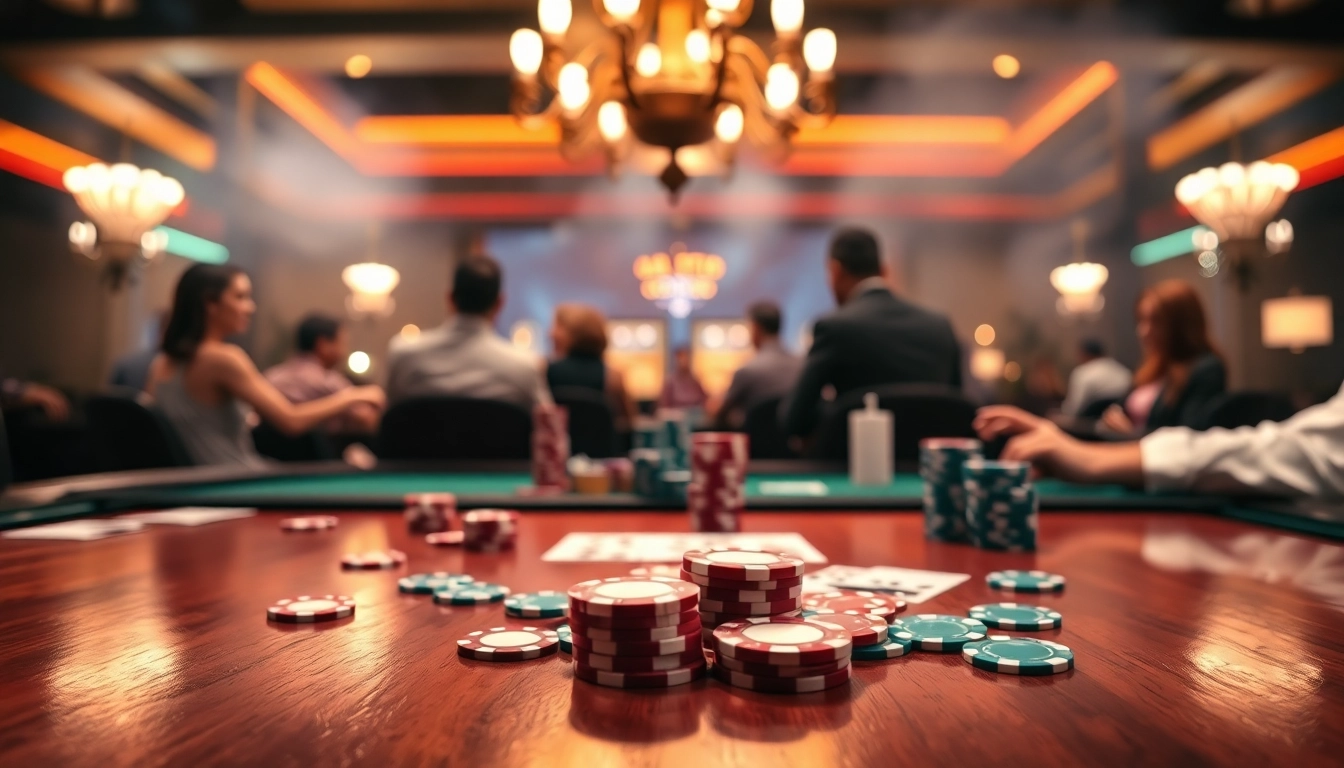 Engaging poker game setup featuring polished chips and colorful cards on a beautiful table.