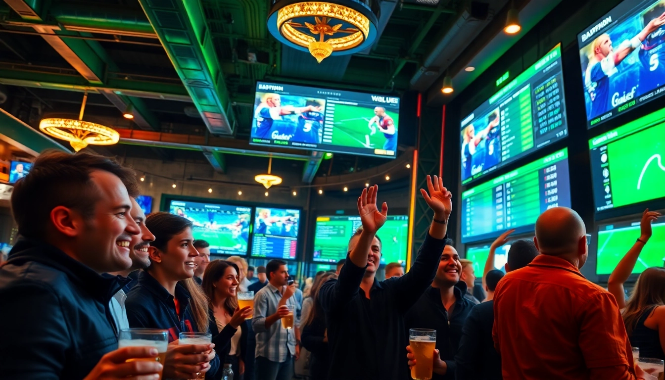 Engaging scene of sports betting with enthusiastic bettors in a lively sports bar atmosphere.