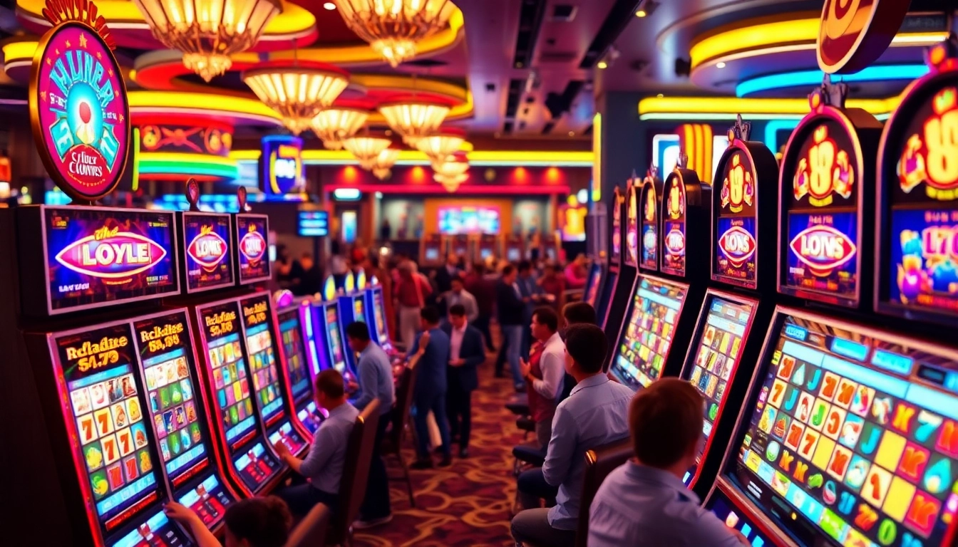 Permainan Slot Game yang menarik dengan mesin berwarna cerah dan pemain yang bersemangat