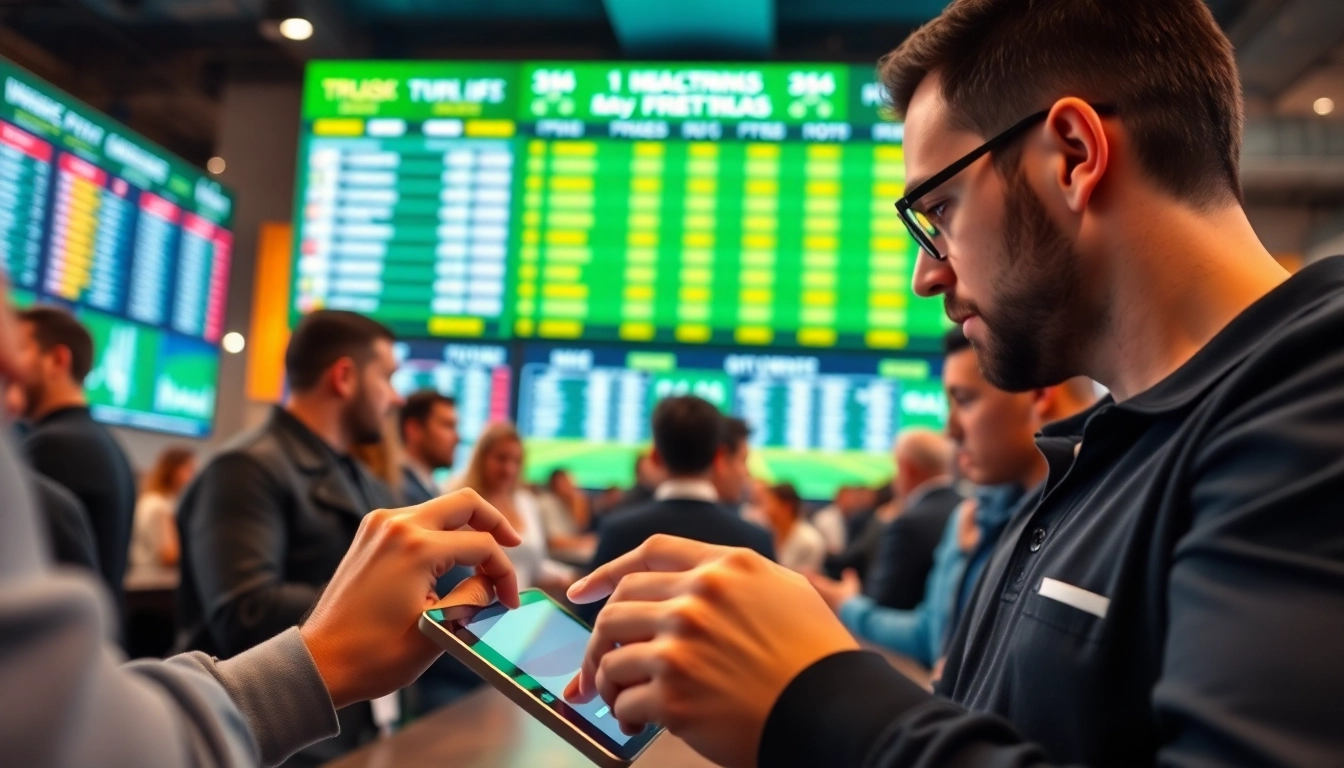 Engaging scene of online Betting with bettors analyzing odds in a vibrant sportsbook setting.