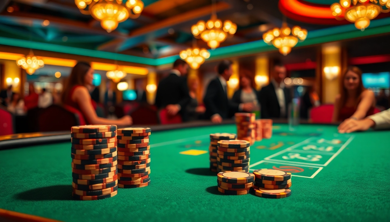 Experience the excitement at a Blackjack Casino with engaged players and elegant tables.