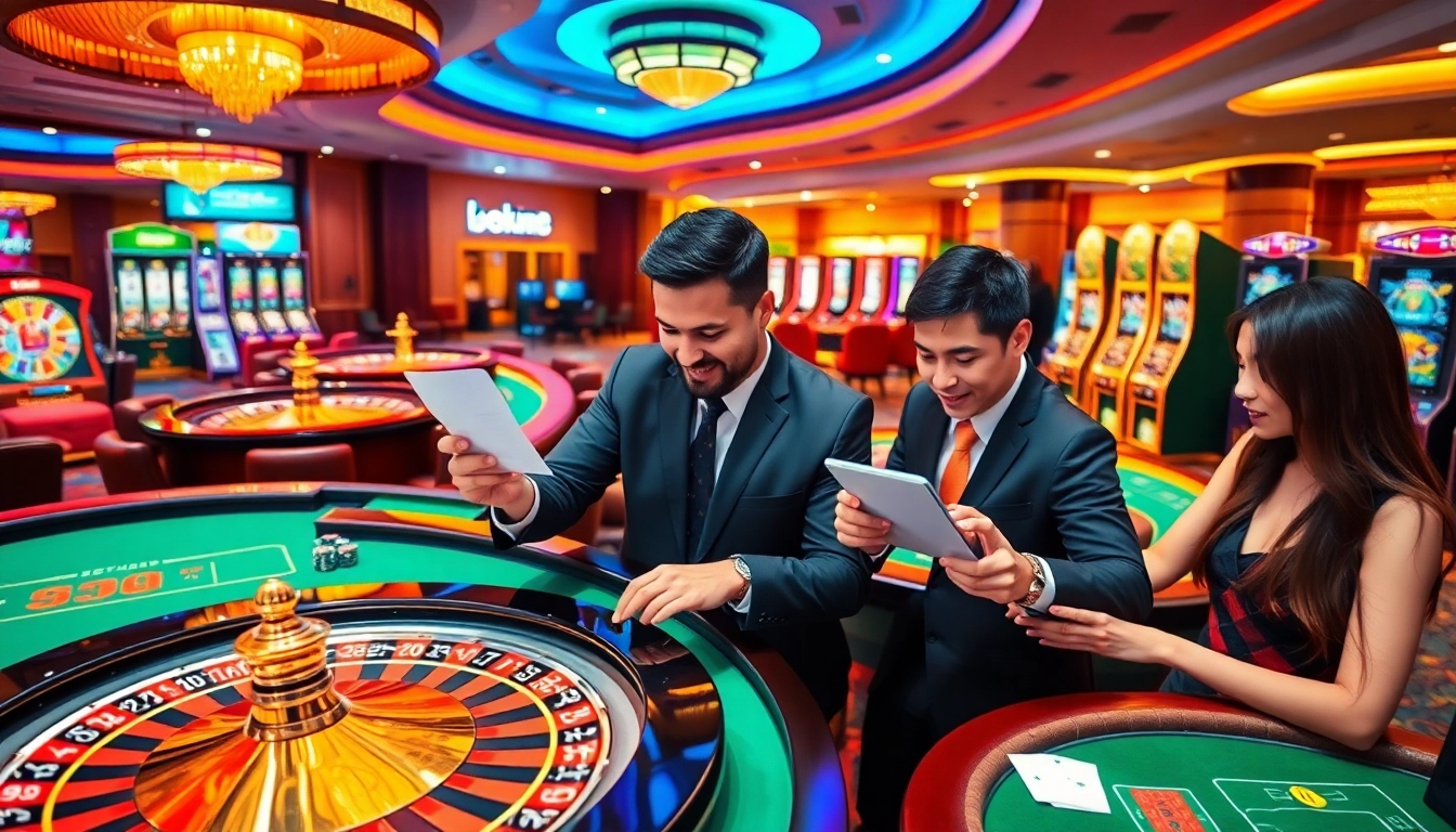 RR88 casino scene with poker tables, roulette wheels, and excited players placing bets.