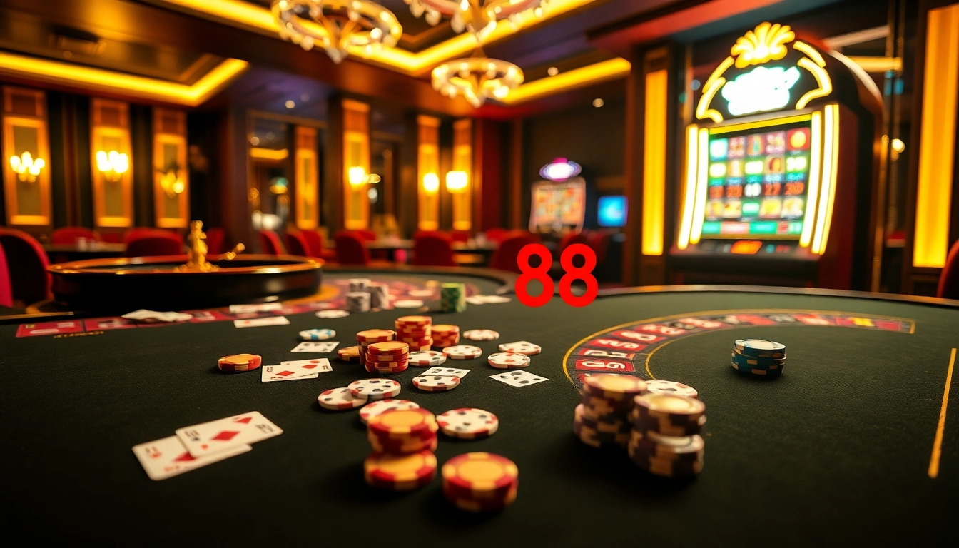Players enjoy a thrilling game at New88 casino tables with vibrant chips and roulette.