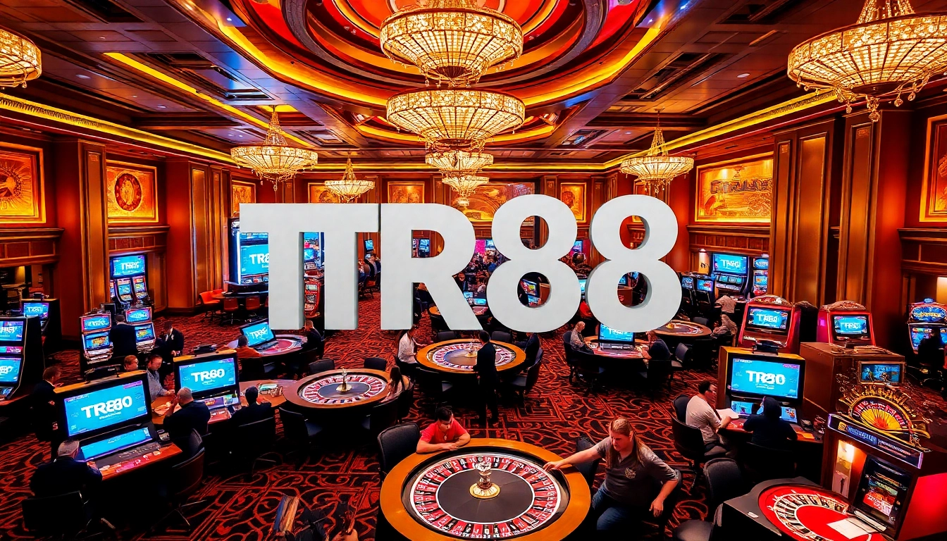 Engaging casino scene with TR88 logo, featuring roulette, cards, and enthusiastic players.