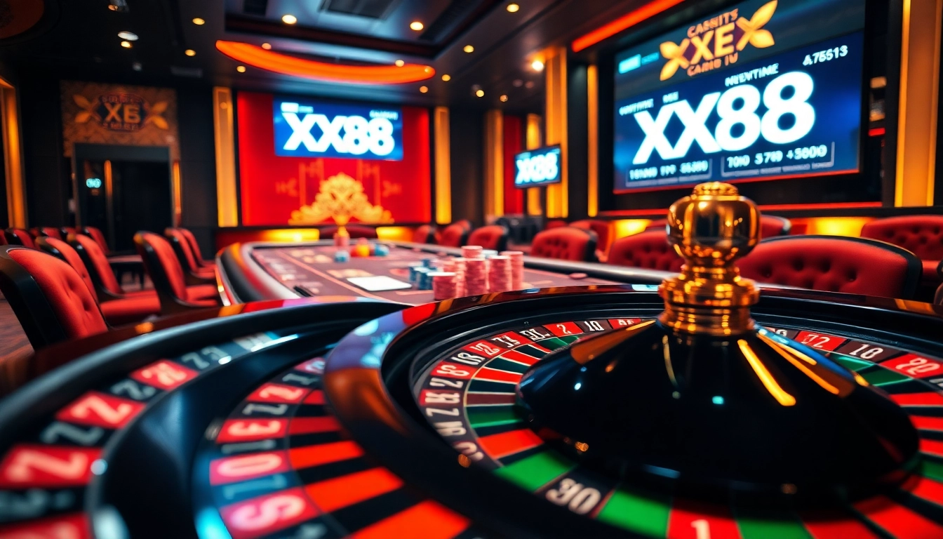 Experience high-stakes poker action at XX88 with vibrant chips and a spinning roulette wheel.