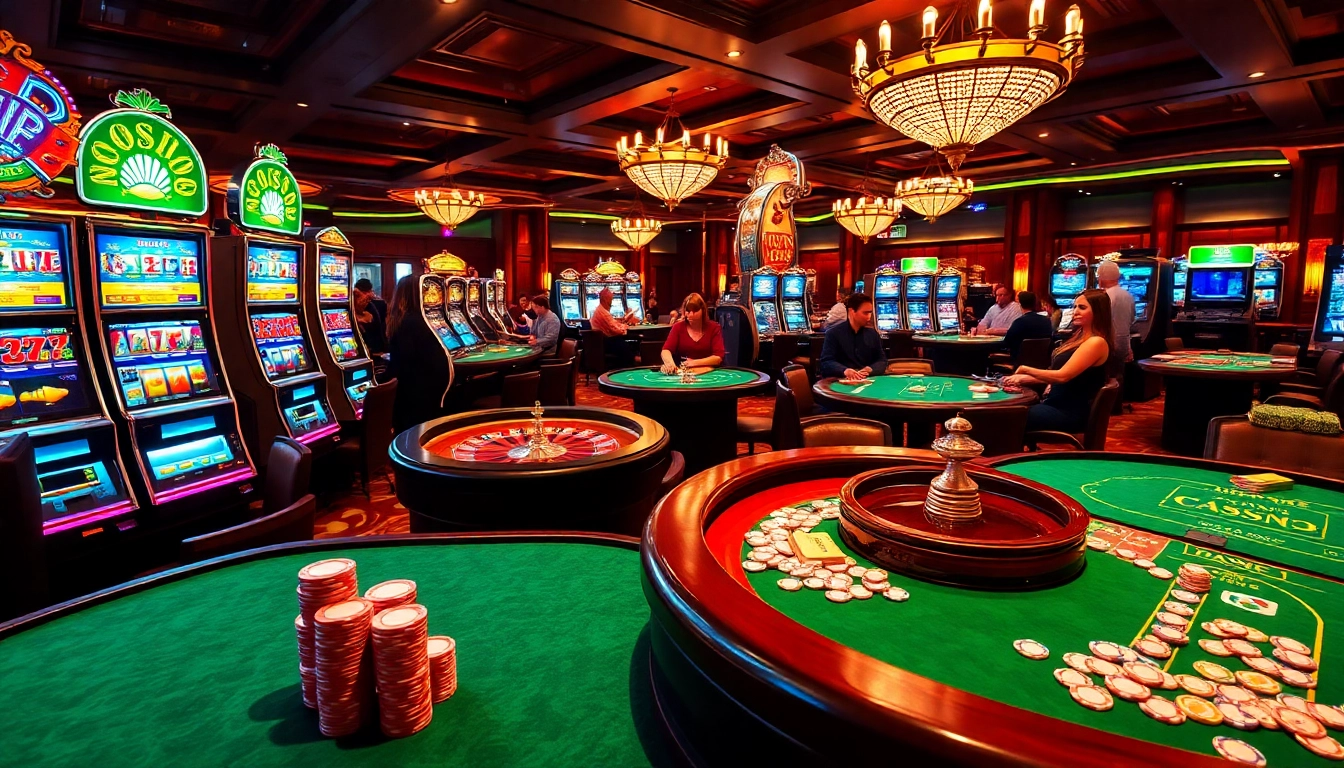 Players enjoying thrilling games at https://luck8r1.com casino, featuring vibrant slot machines and poker tables.