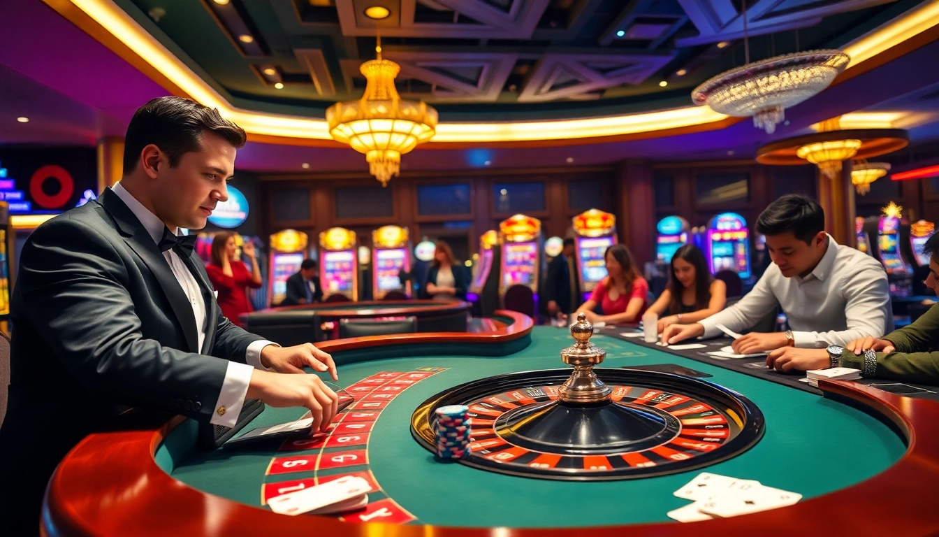 Players enjoying high-stakes games at nhà cái BL555 casino with vibrant lights and thrilling atmosphere.