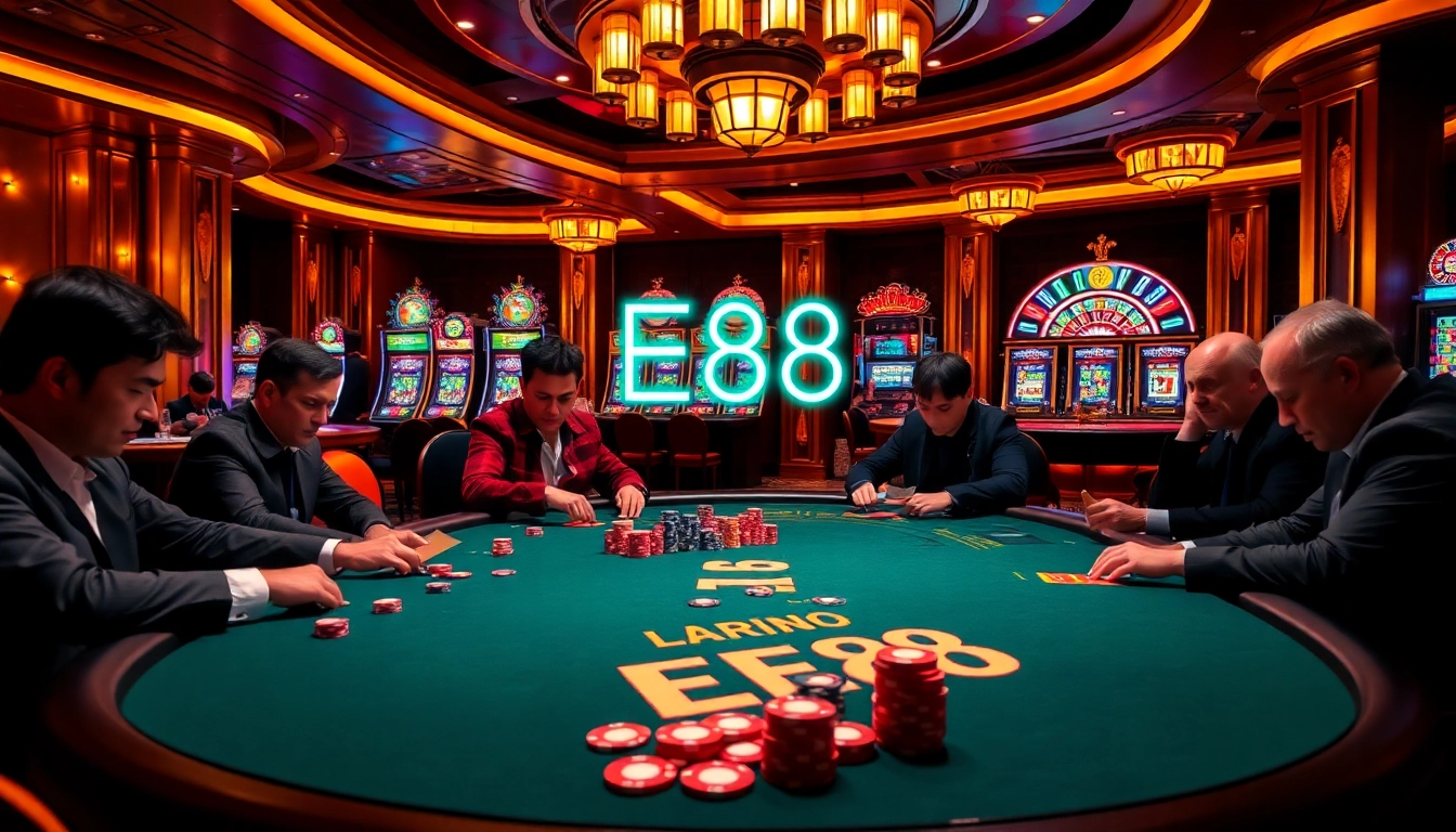 EE88 casino scene with high-stakes poker elements and thrilling ambiance