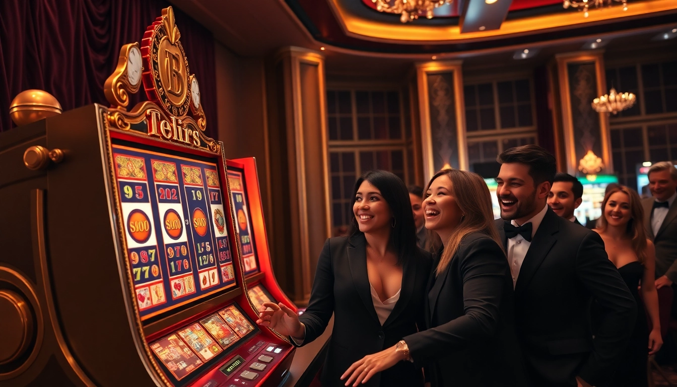 Excited players at the luxury12 slot machine, showcasing high-stakes excitement and premium gaming experience.