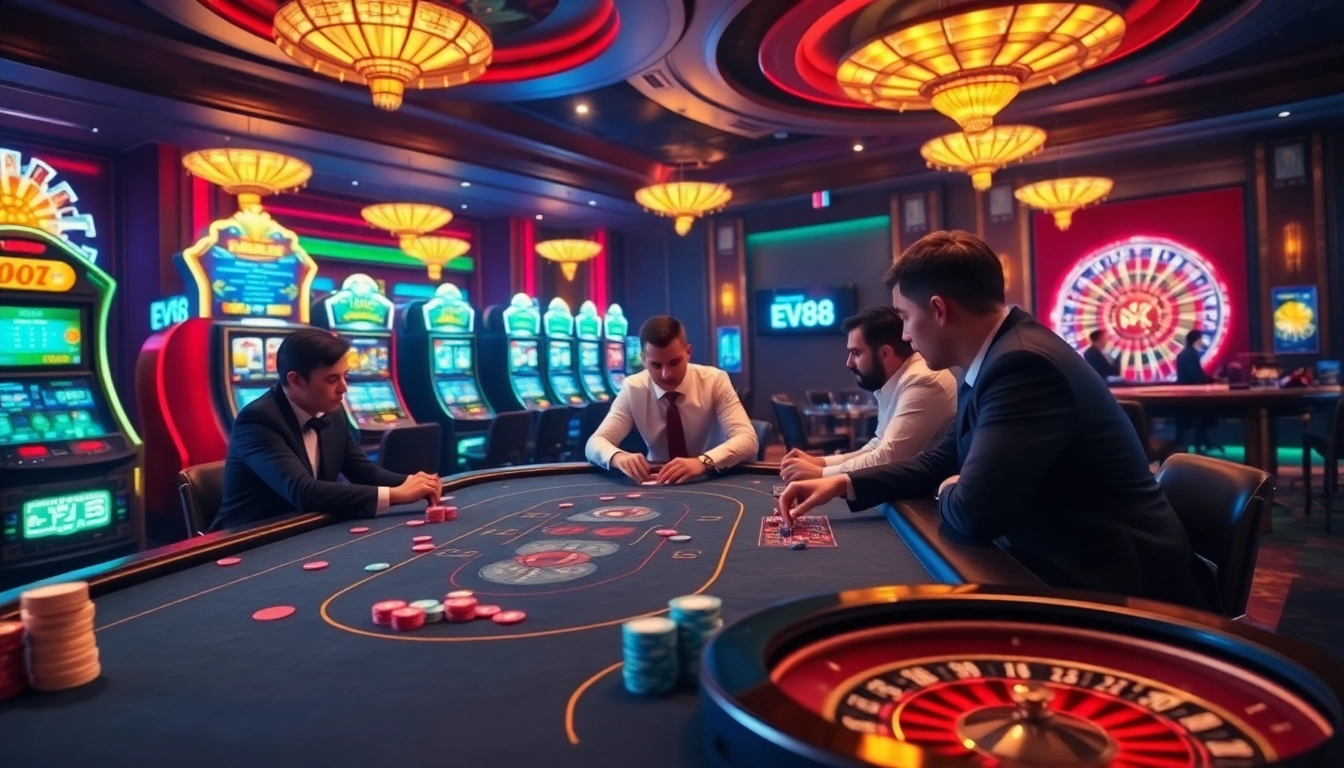 Experience link ev88 in a thrilling casino setting with poker tables and vibrant slot machines.