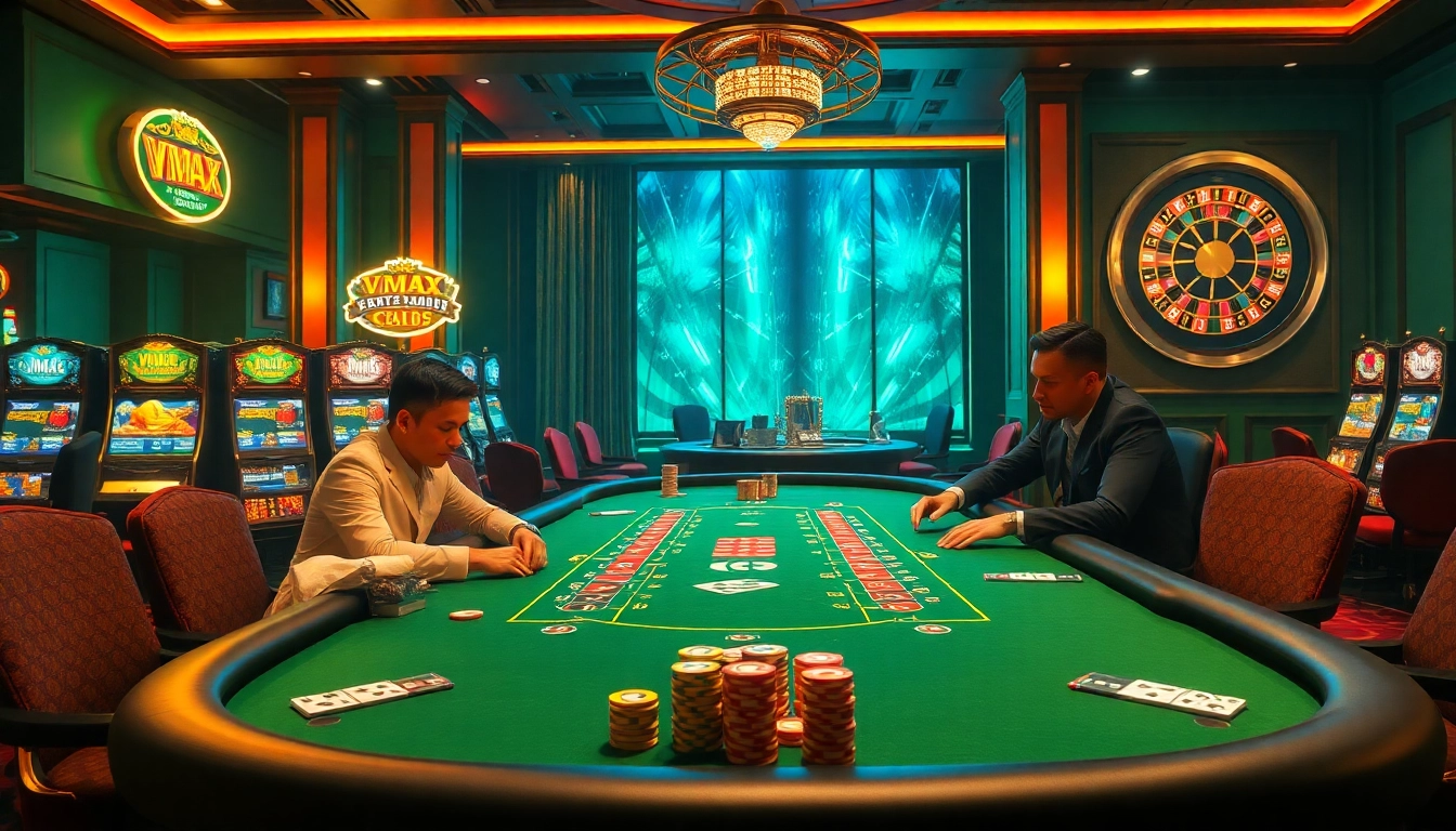 VMAX poker players winning chips at a luxury casino table, showcasing excitement and strategy.