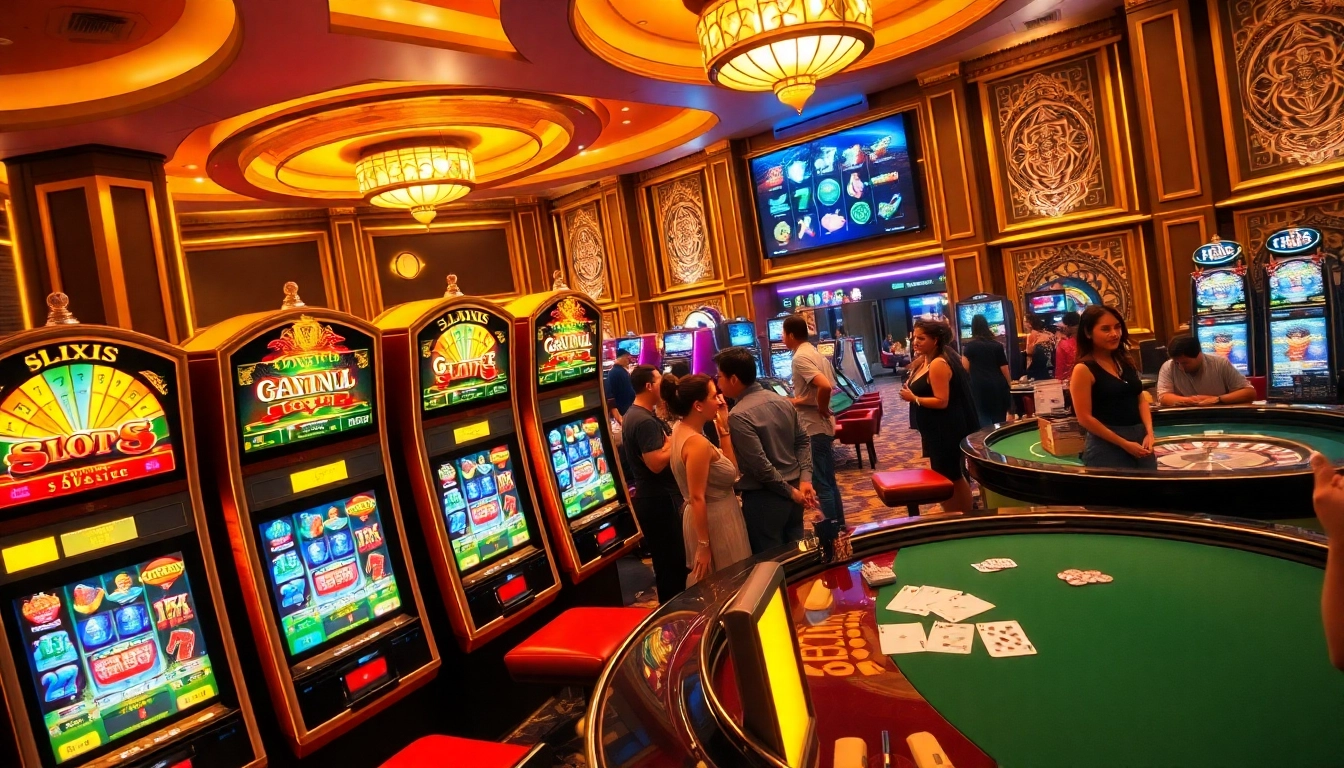 Experience the excitement of slot88 with vibrant slot machines and lively gamblers in a luxurious casino.
