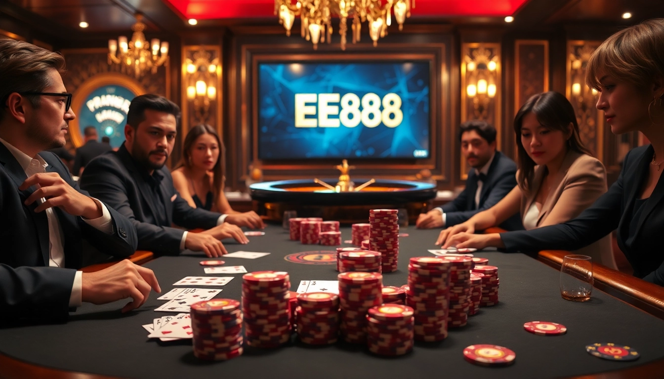EE88 online poker gameplay with vibrant poker chips and playing cards at a luxury casino table.