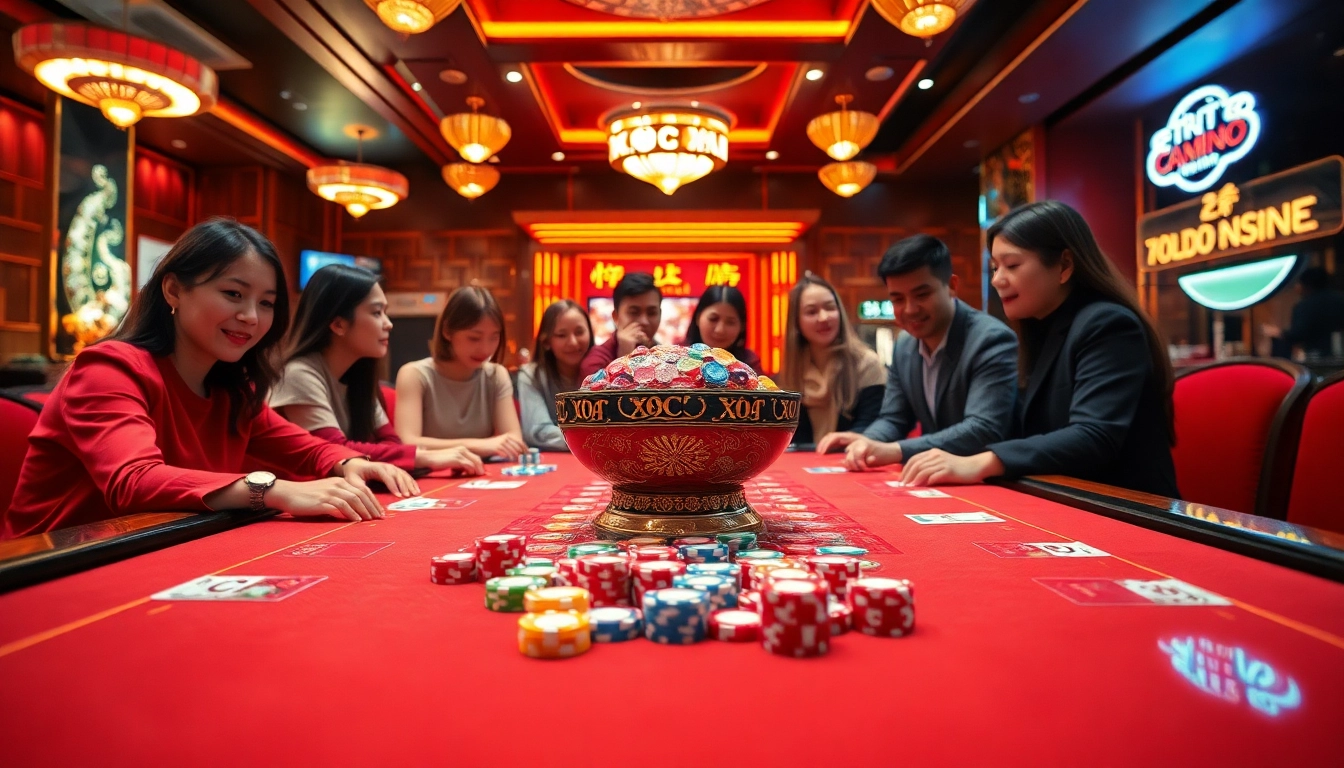 Xóc đĩa game scene showing players engaged in exciting betting action at a lavish casino table.
