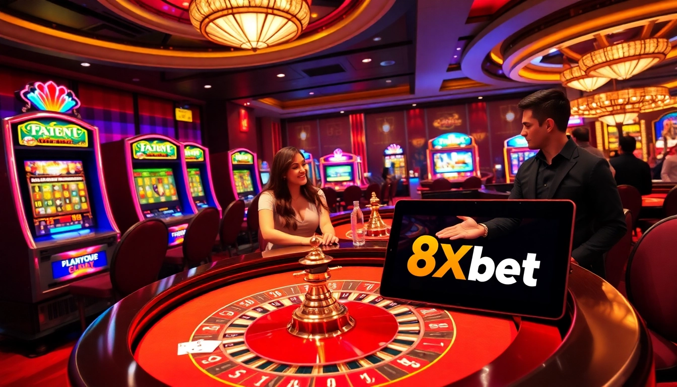 Players enjoying casino games with the 8Xbet logo prominently displayed amidst vibrant slot machines.