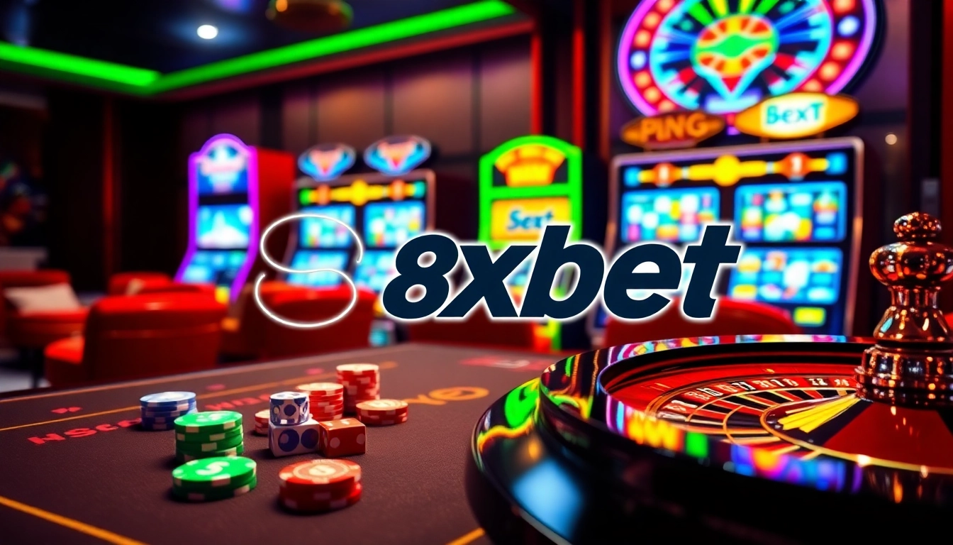 Experience excitement at 8xbet with a vibrant casino scene featuring poker chips and roulette wheels.