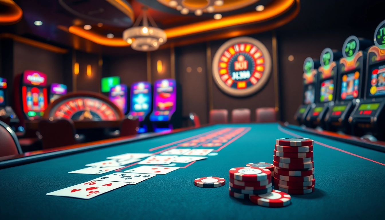 Experience the thrill of BJ388 with luxurious casino tables and vibrant poker chips.