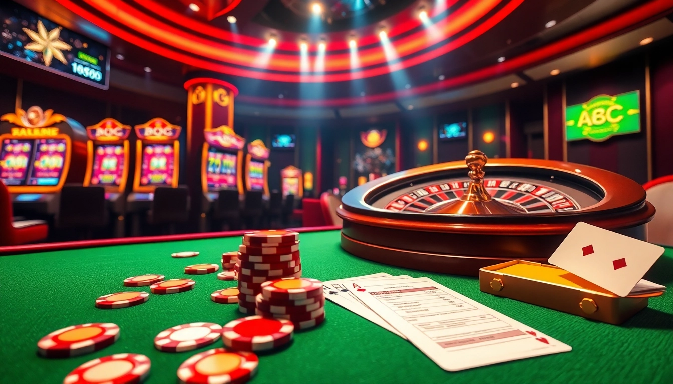 Experience luxury gaming as you Truy cập ABC8 with vivid poker chips and a roulette wheel in action.