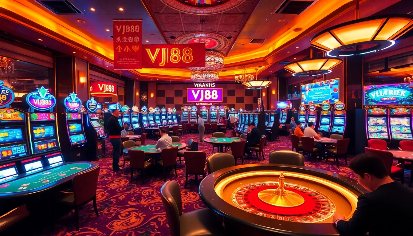 VJ88 casino scene showcasing vibrant slot machines and engaging poker tables.